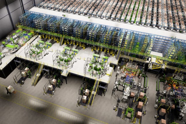Industrial facility with advanced machinery, conveyor systems, and organized storage racks in a spacious, well-lit environment.